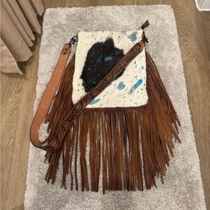 American Darling Fringe Brown Leather Crossbody with Speckled Hair-On Hide